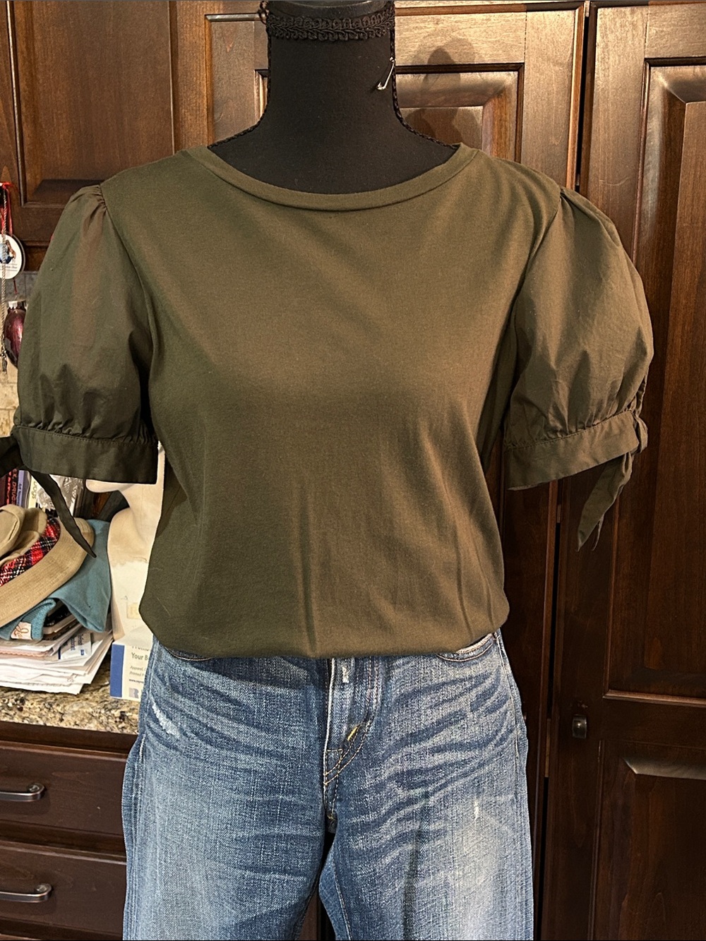 Michael Kors Sz S Women's Olive Puff Sleeve Top